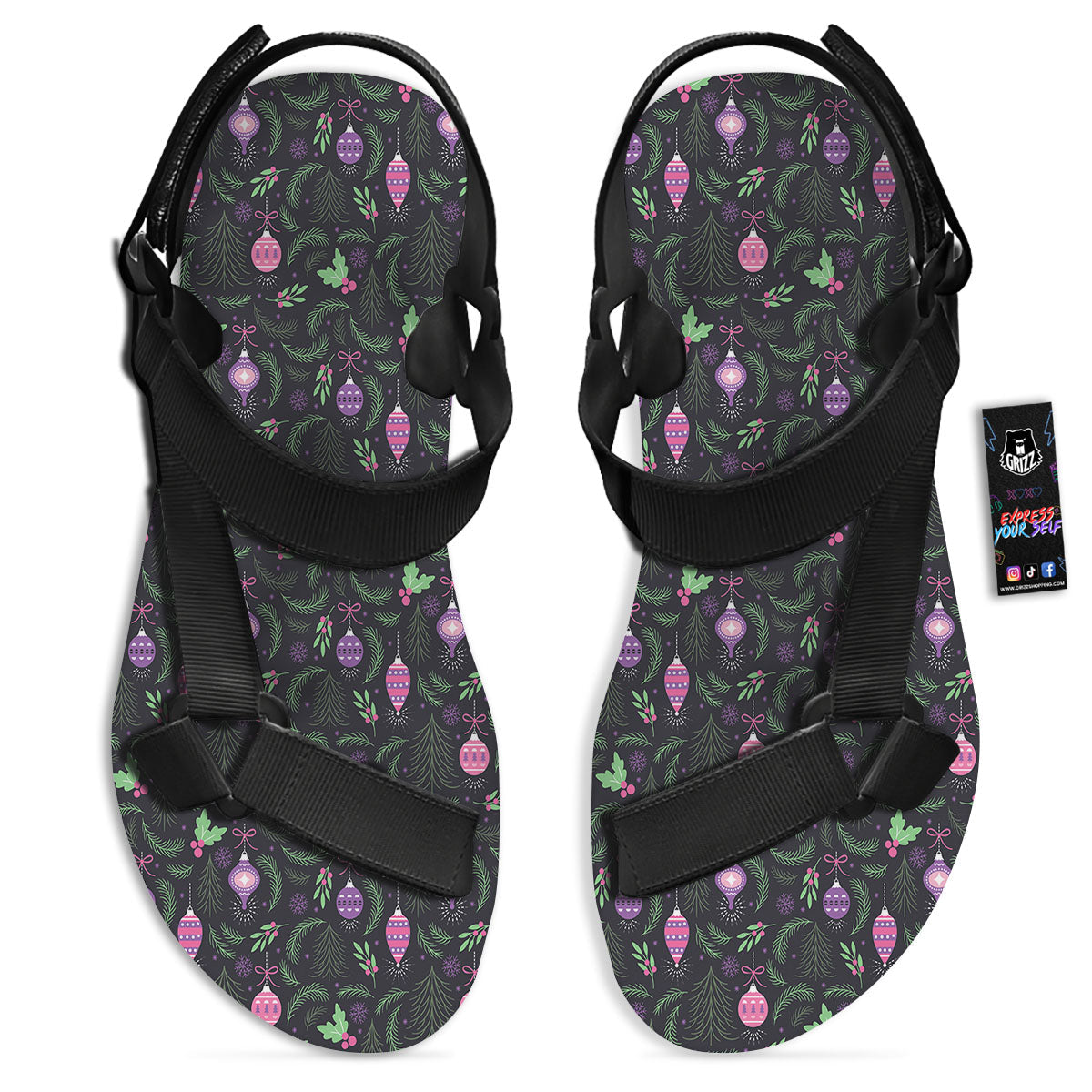 Christmas Decoration Print Pattern Black Open Toe Sandals-grizzshop