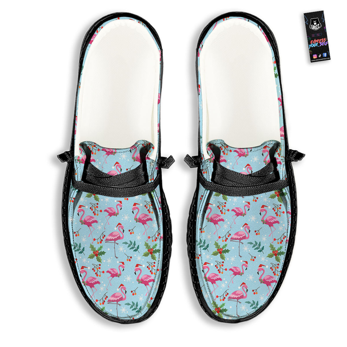 Christmas Flamingo Pink Print Pattern Black Loafers-grizzshop