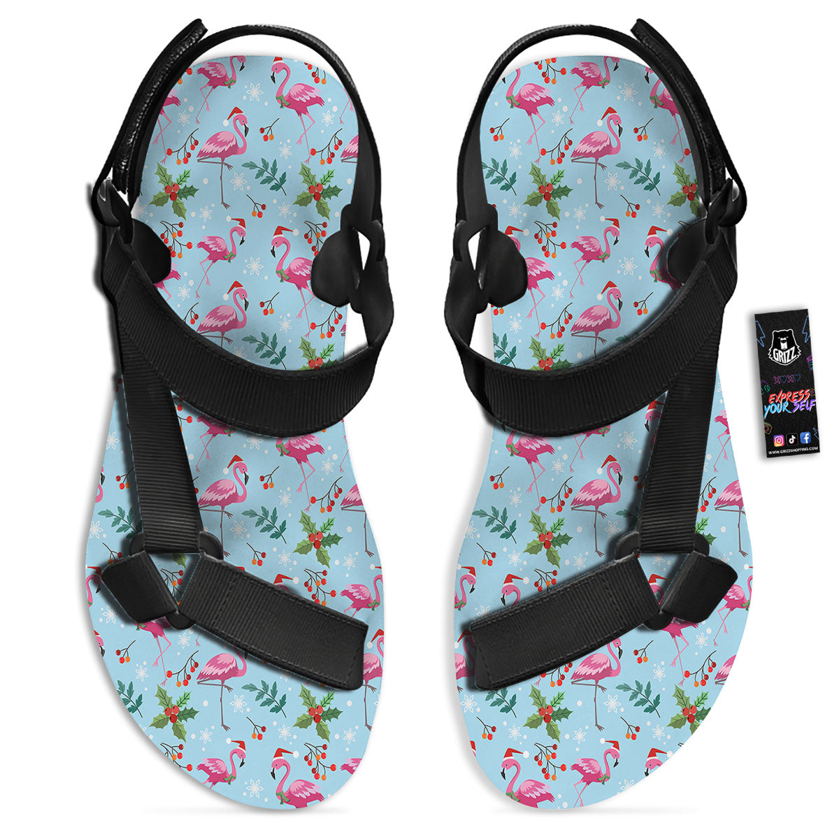 Christmas Flamingo Pink Print Pattern Black Open Toe Sandals-grizzshop