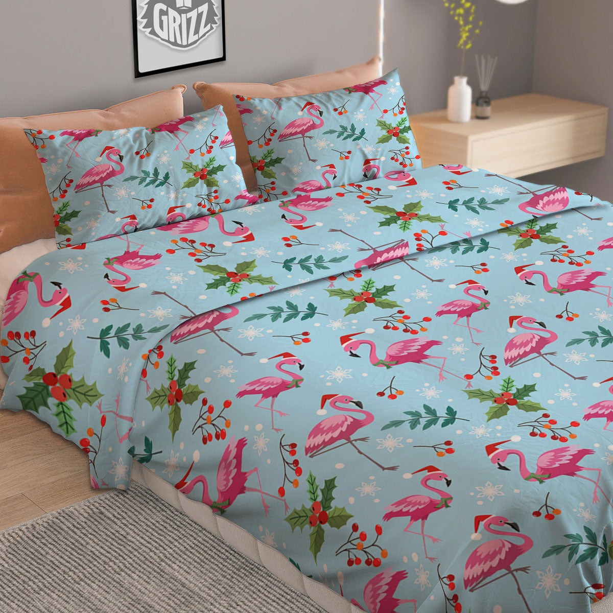 Christmas Flamingo Pink Print Pattern Duvet Cover Bedding Set