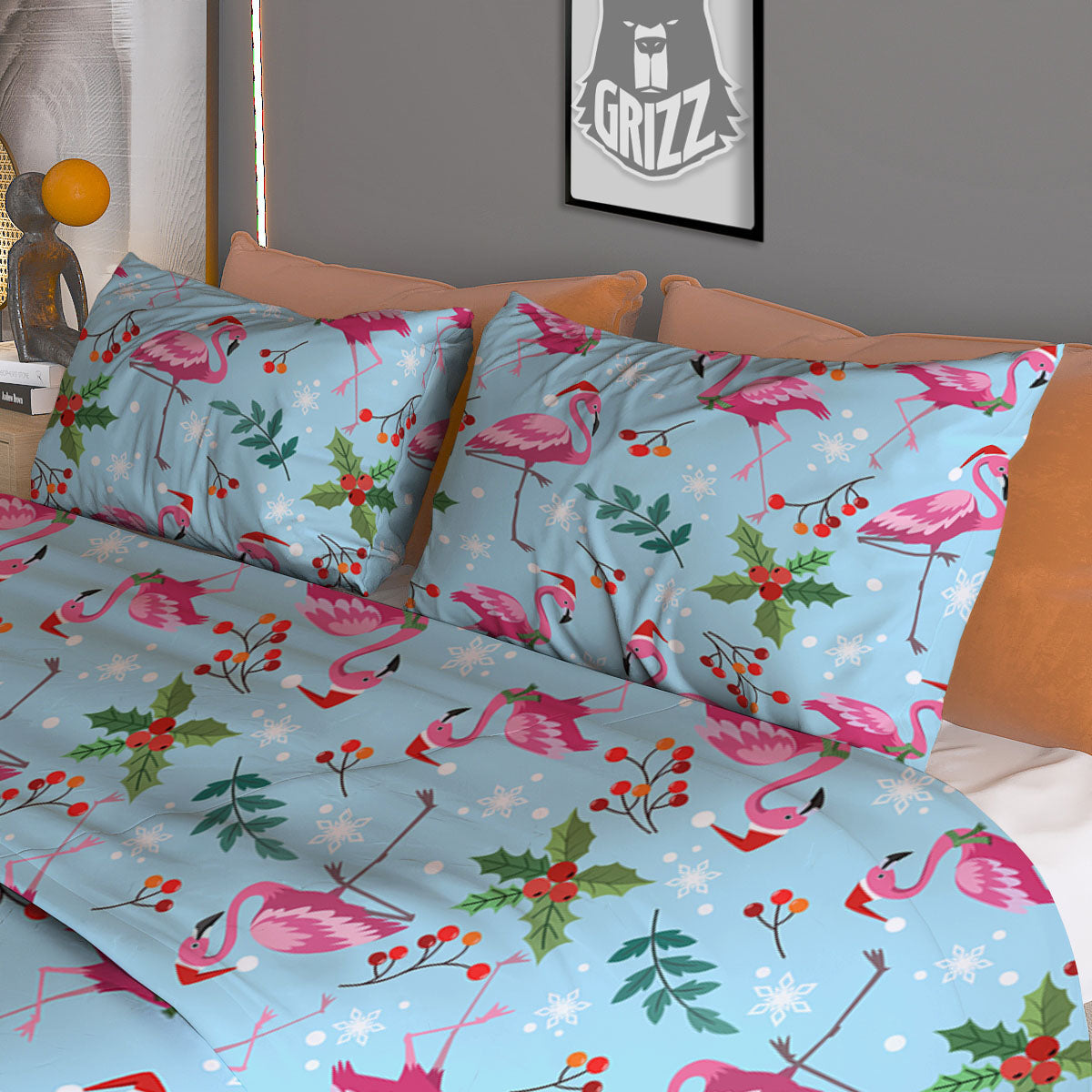 Christmas Flamingo Pink Print Pattern Duvet Cover Bedding Set