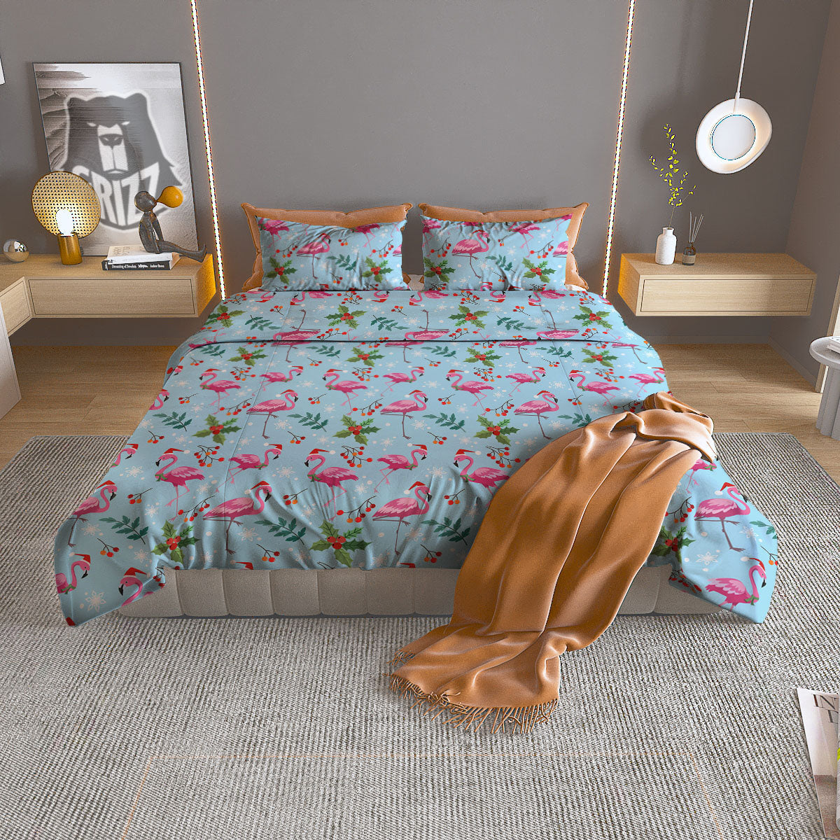 Christmas Flamingo Pink Print Pattern Duvet Cover Bedding Set