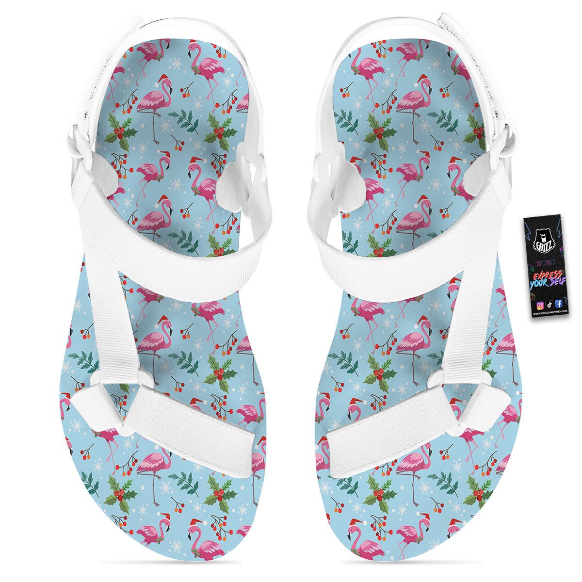 Christmas Flamingo Pink Print Pattern White Open Toe Sandals-grizzshop