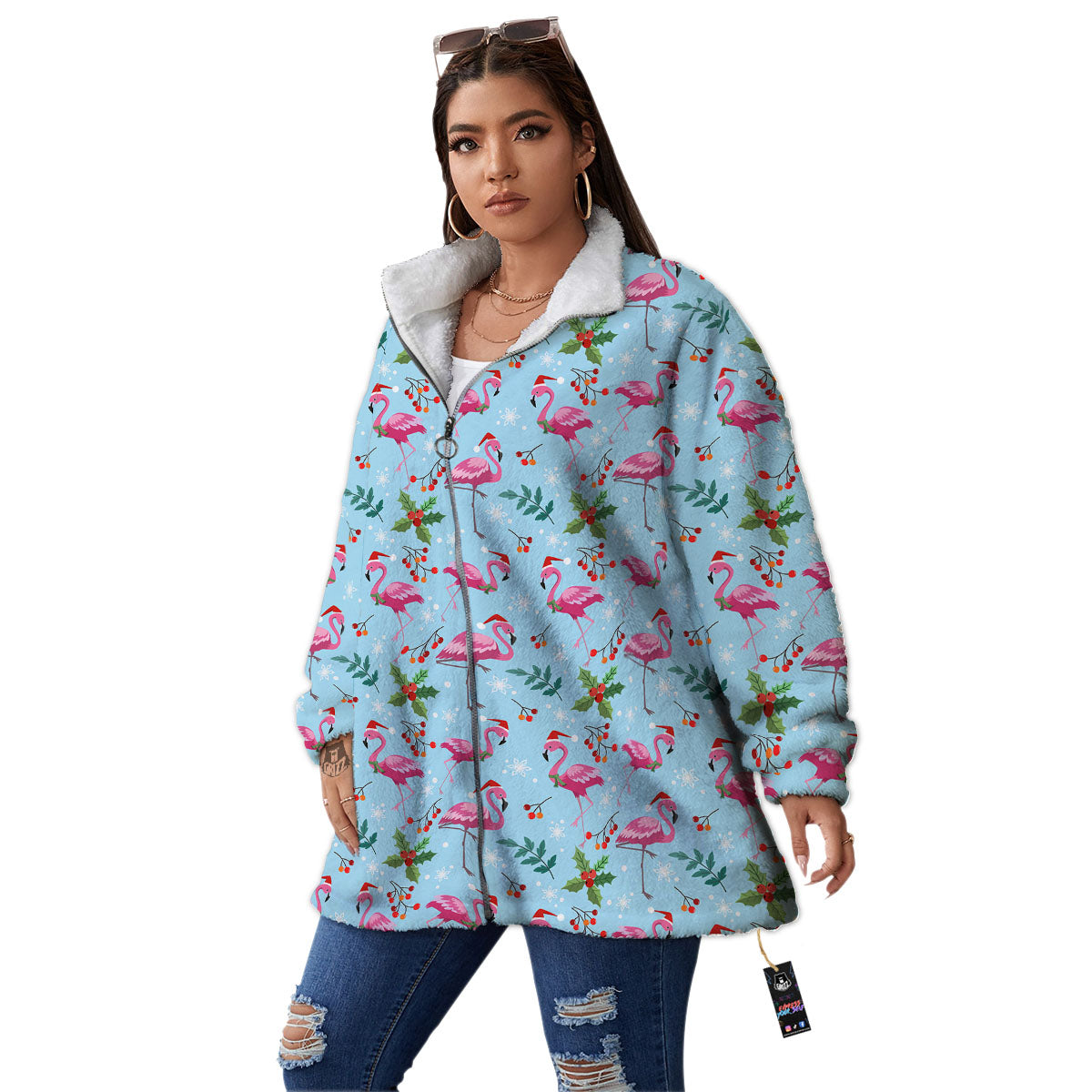 Christmas Flamingo Pink Print Pattern Women's Sherpa Jacket-grizzshop