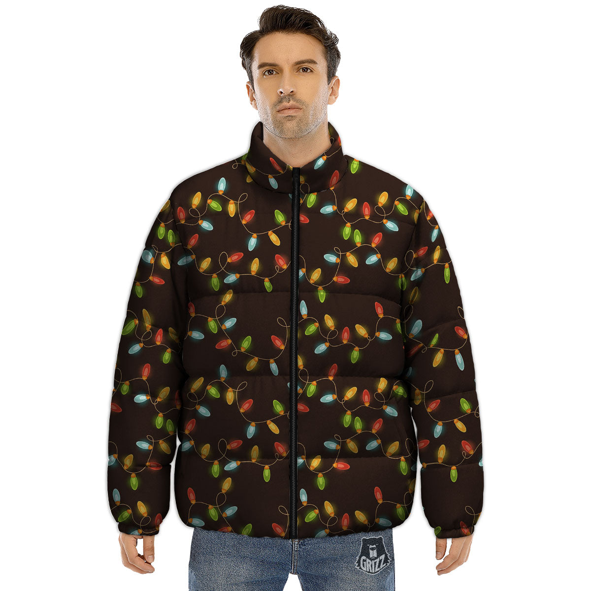 Christmas Lights Print Pattern Puffer Jacket-grizzshop