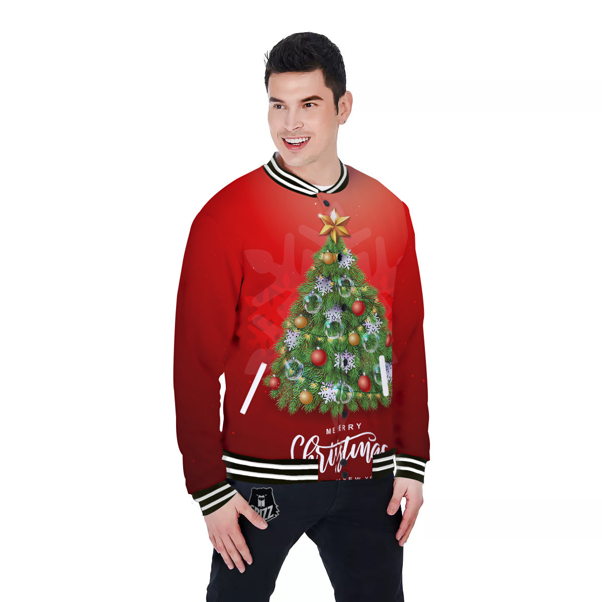 Christmas Tree Print Baseball Jacket-grizzshop