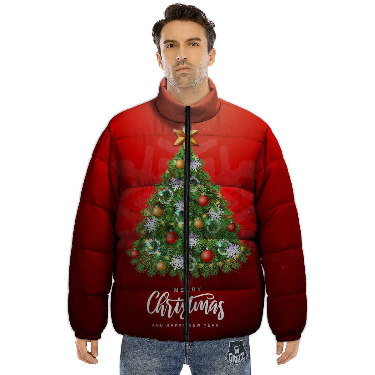 Christmas Tree Print Puffer Jacket-grizzshop