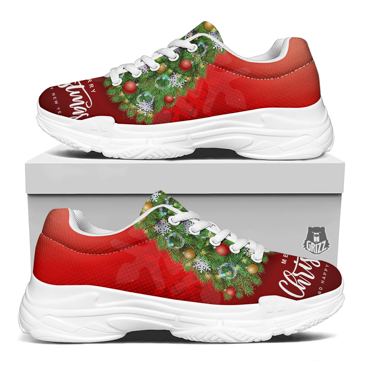 Christmas Tree Print White Chunky Shoes-grizzshop