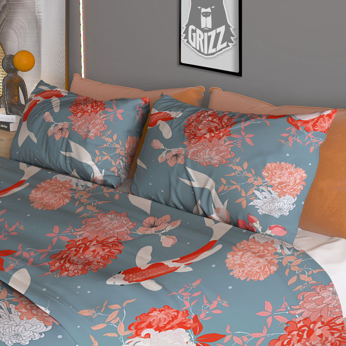 Chrysanthemum And Koi Carp Print Pattern Duvet Cover Bedding Set