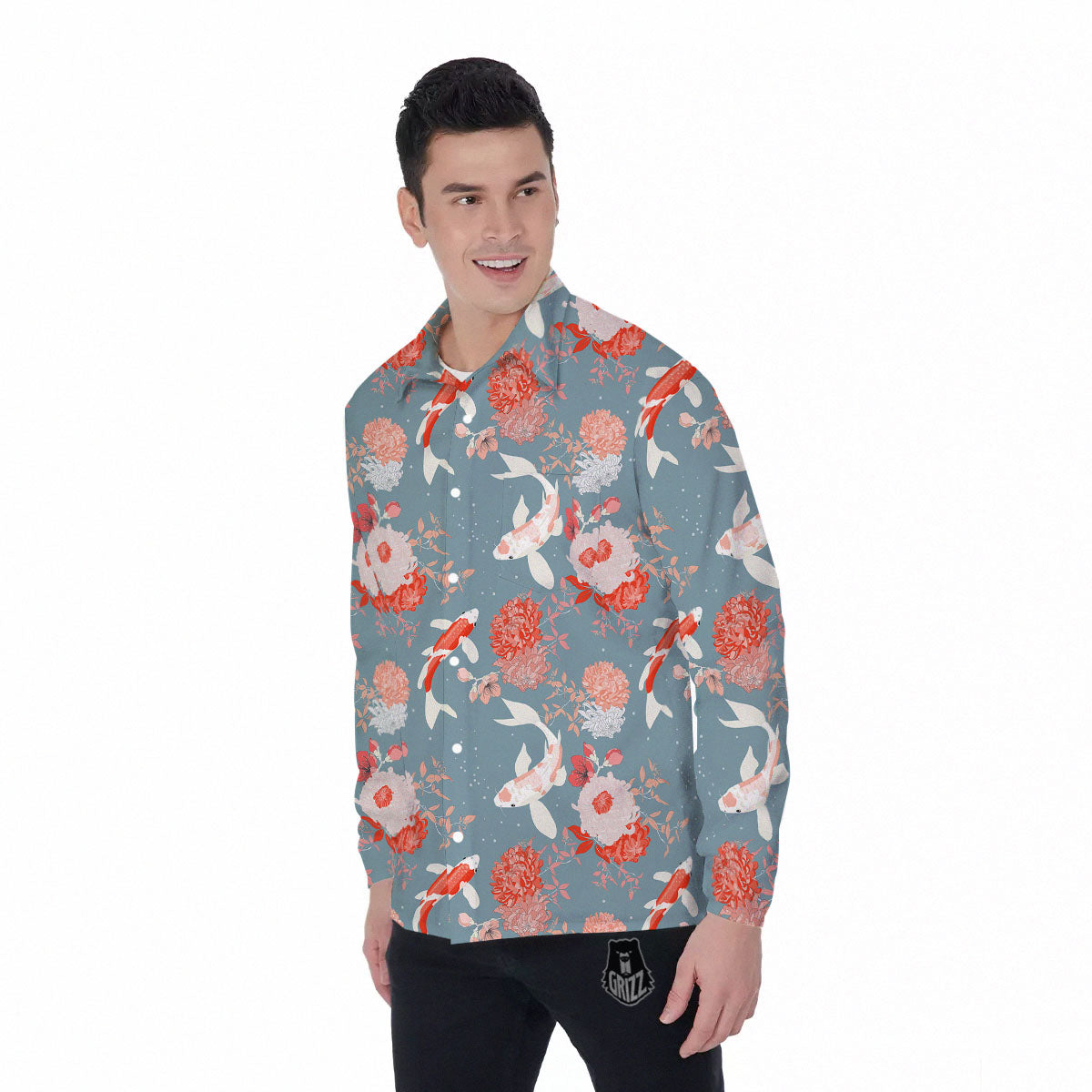Chrysanthemum And Koi Carp Print Pattern Men's Long Sleeve Shirts-grizzshop