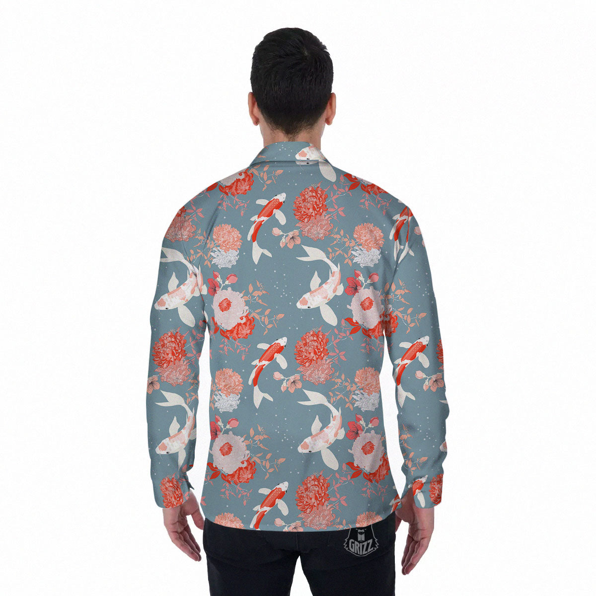 Chrysanthemum And Koi Carp Print Pattern Men's Long Sleeve Shirts-grizzshop