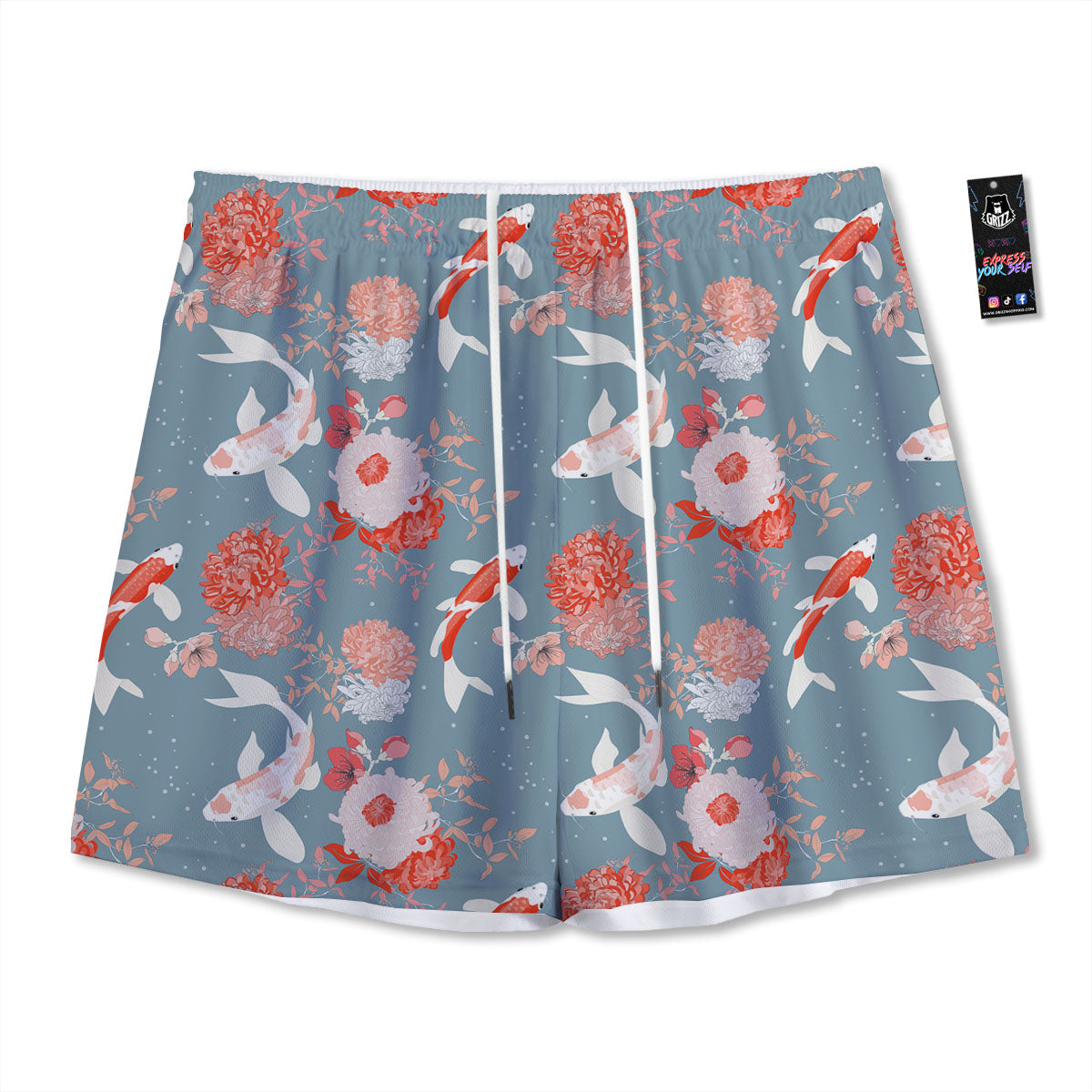 Chrysanthemum And Koi Carp Print Pattern Mesh Shorts