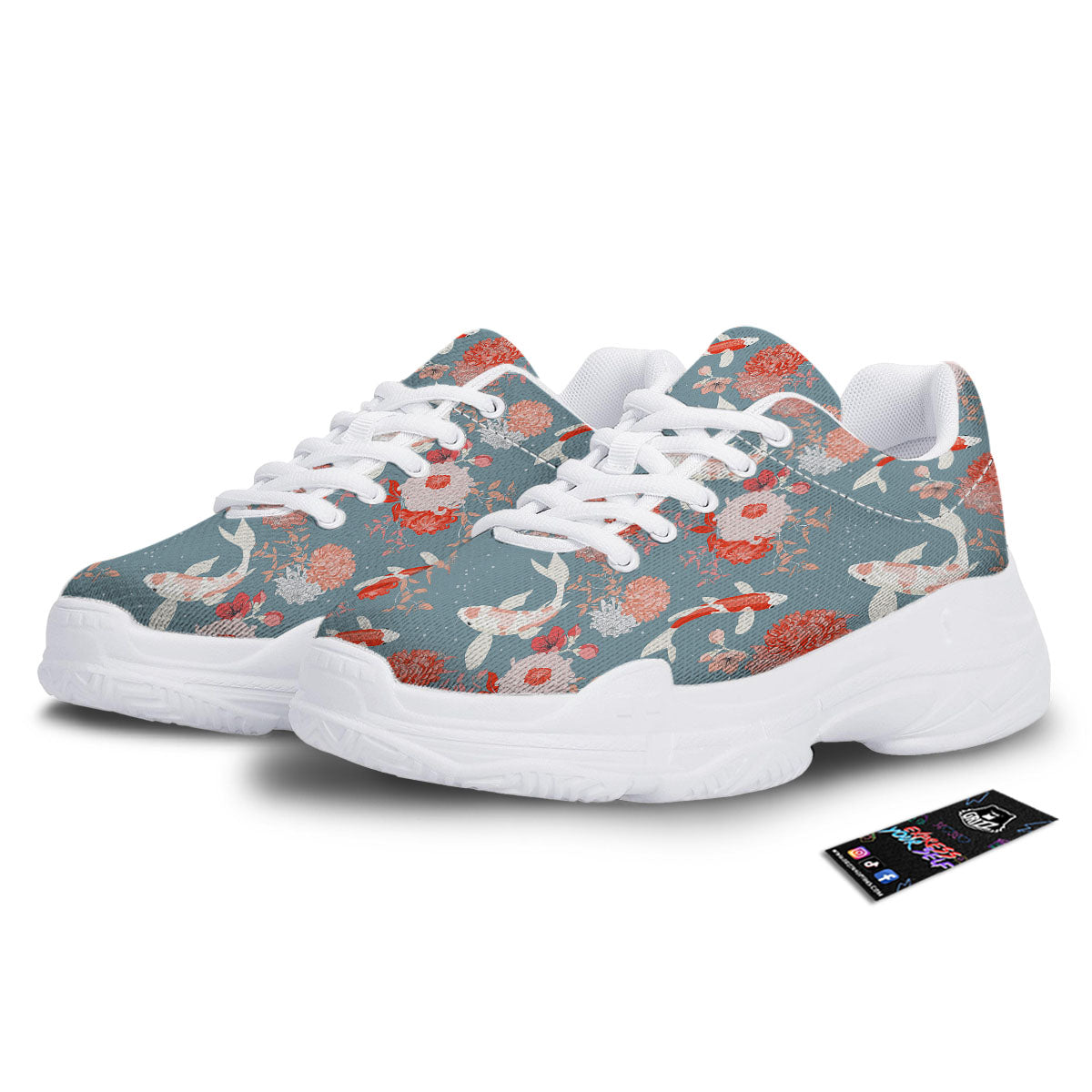 Chrysanthemum And Koi Carp Print Pattern White Chunky Shoes-grizzshop