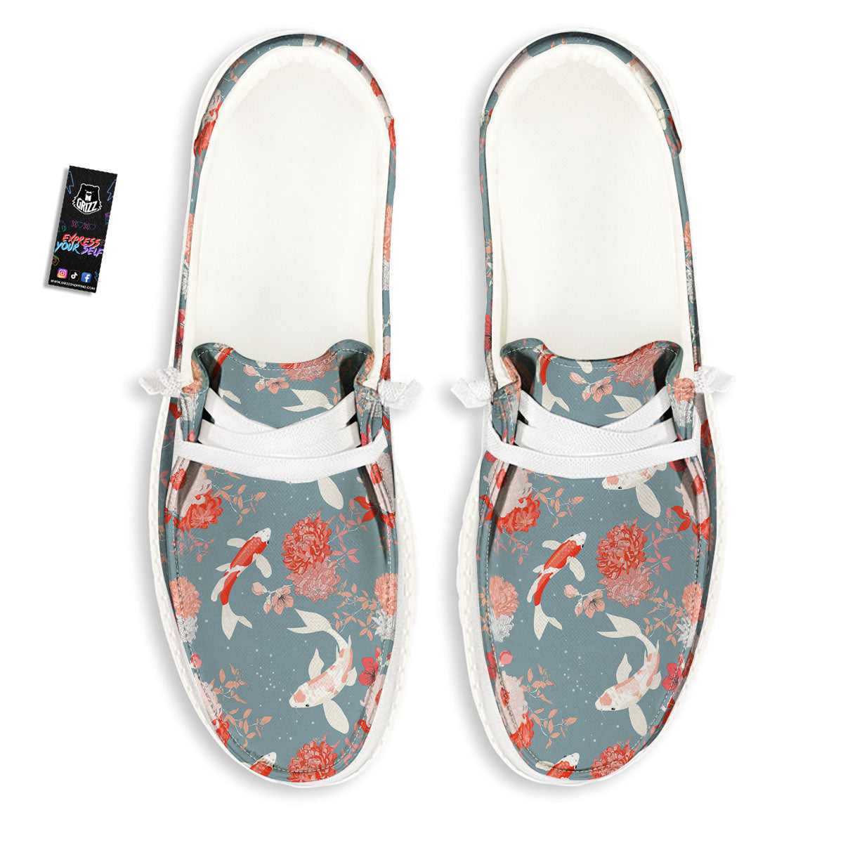 Chrysanthemum And Koi Carp Print Pattern White Loafers-grizzshop