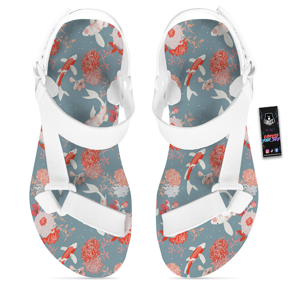 Chrysanthemum And Koi Carp Print Pattern White Open Toe Sandals-grizzshop