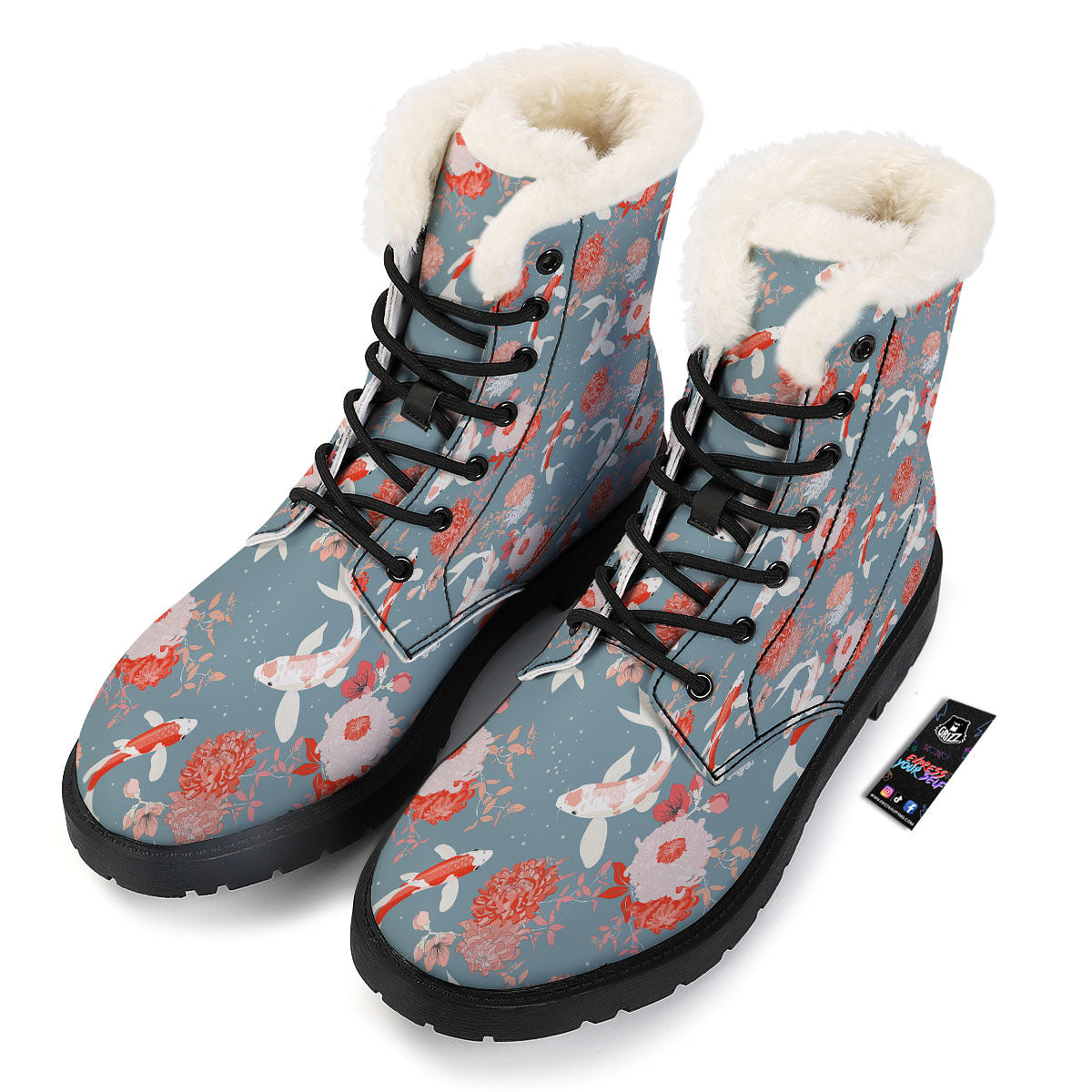 Chrysanthemum And Koi Carp Print Pattern Winter Boots-grizzshop