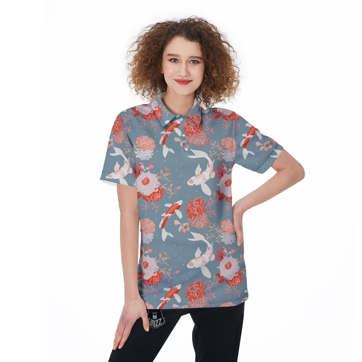 Chrysanthemum And Koi Carp Print Pattern Women's Golf Shirts-grizzshop