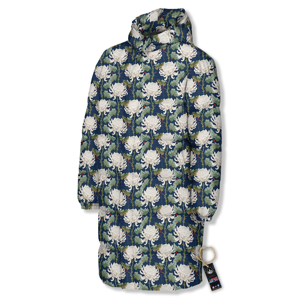 Chrysanthemum Flower Print Long Down Jacket-grizzshop