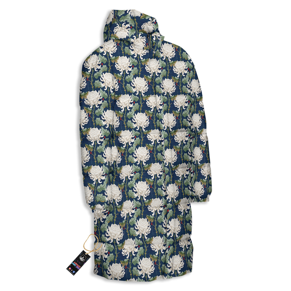 Chrysanthemum Flower Print Long Down Jacket-grizzshop