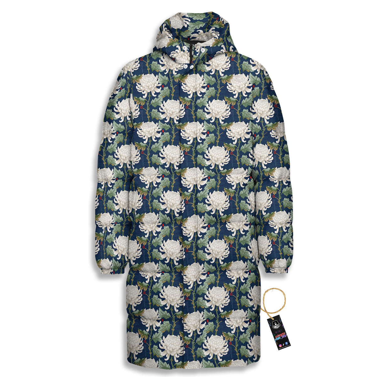 Chrysanthemum Flower Print Long Down Jacket-grizzshop