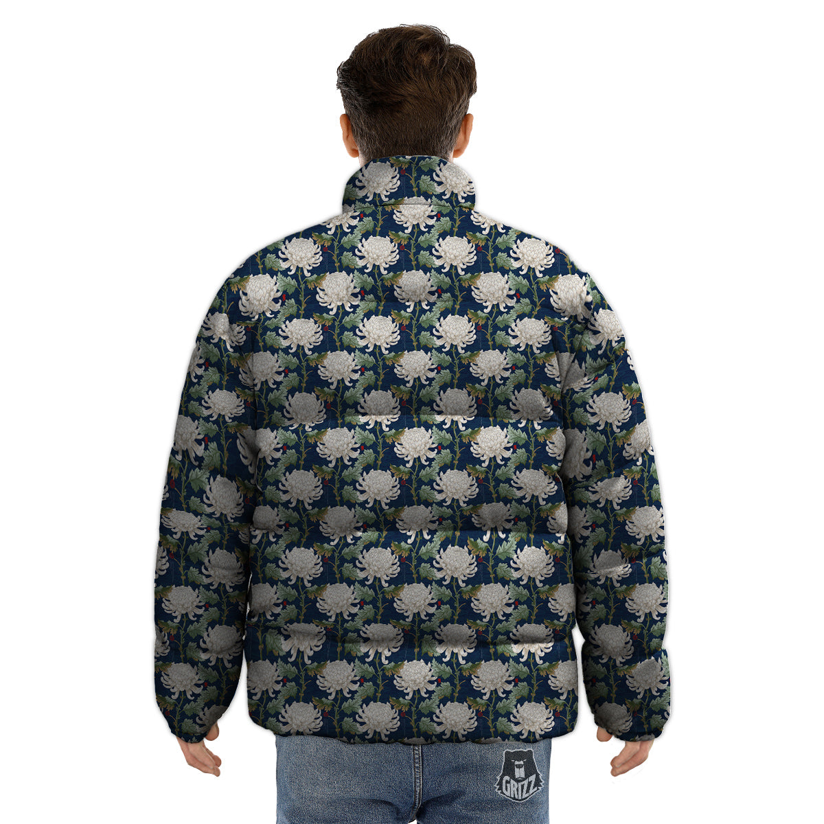 Chrysanthemum Flower Print Puffer Jacket-grizzshop