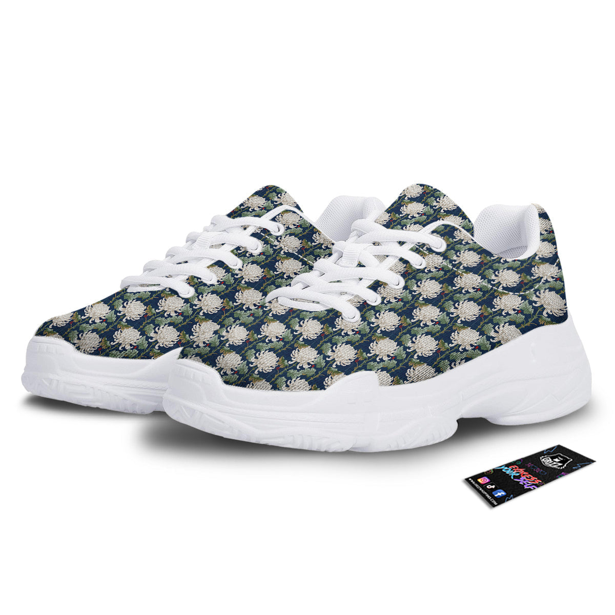 Chrysanthemum Flower Print White Chunky Shoes-grizzshop