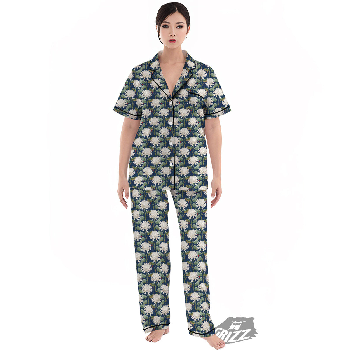Chrysanthemum Flower Print Women's Pajamas Set-grizzshop