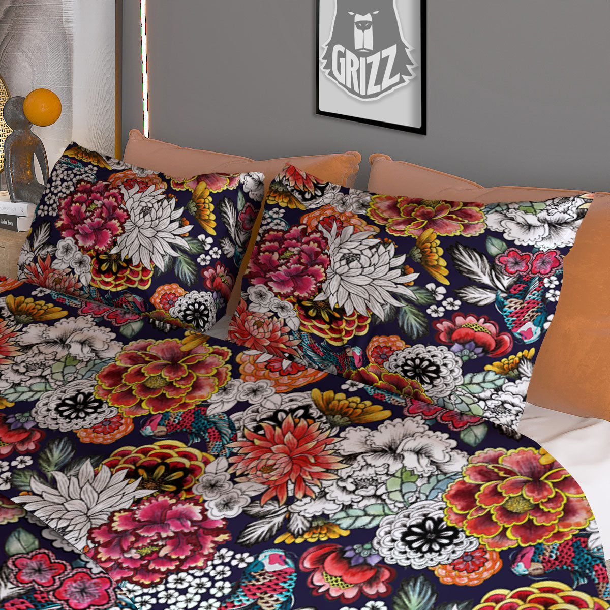 Chrysanthemum Japanese Print Pattern Duvet Cover Bedding Set