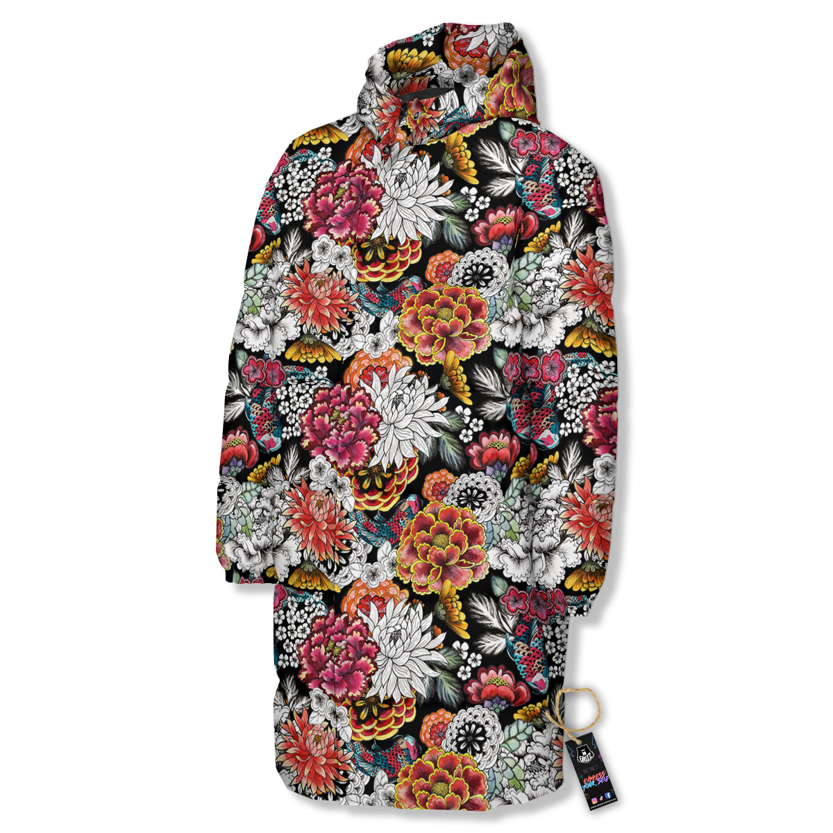 Chrysanthemum Watercolor Print Long Down Jacket-grizzshop