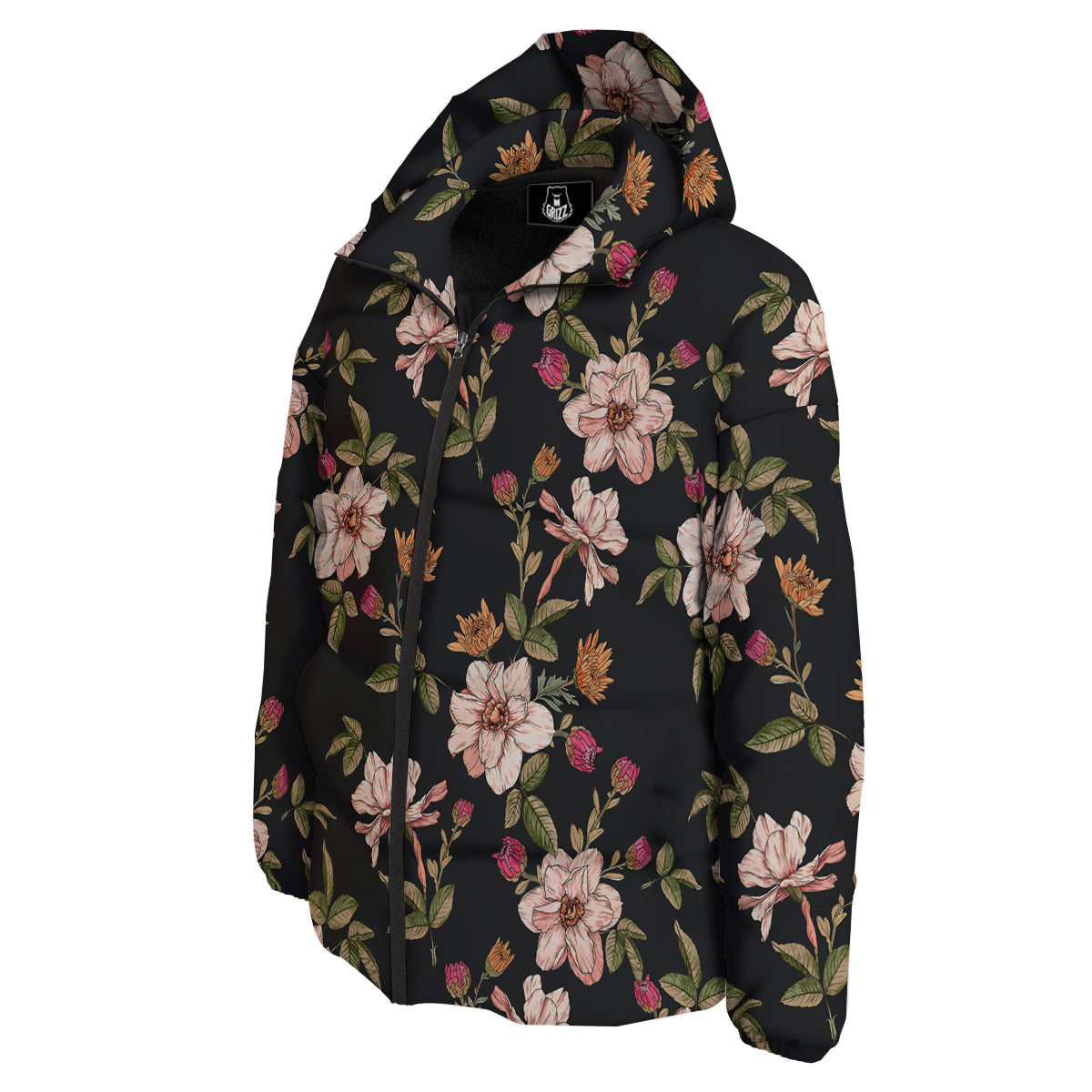 Chrysanthemum Watercolor Print Pattern Down Jacket-grizzshop