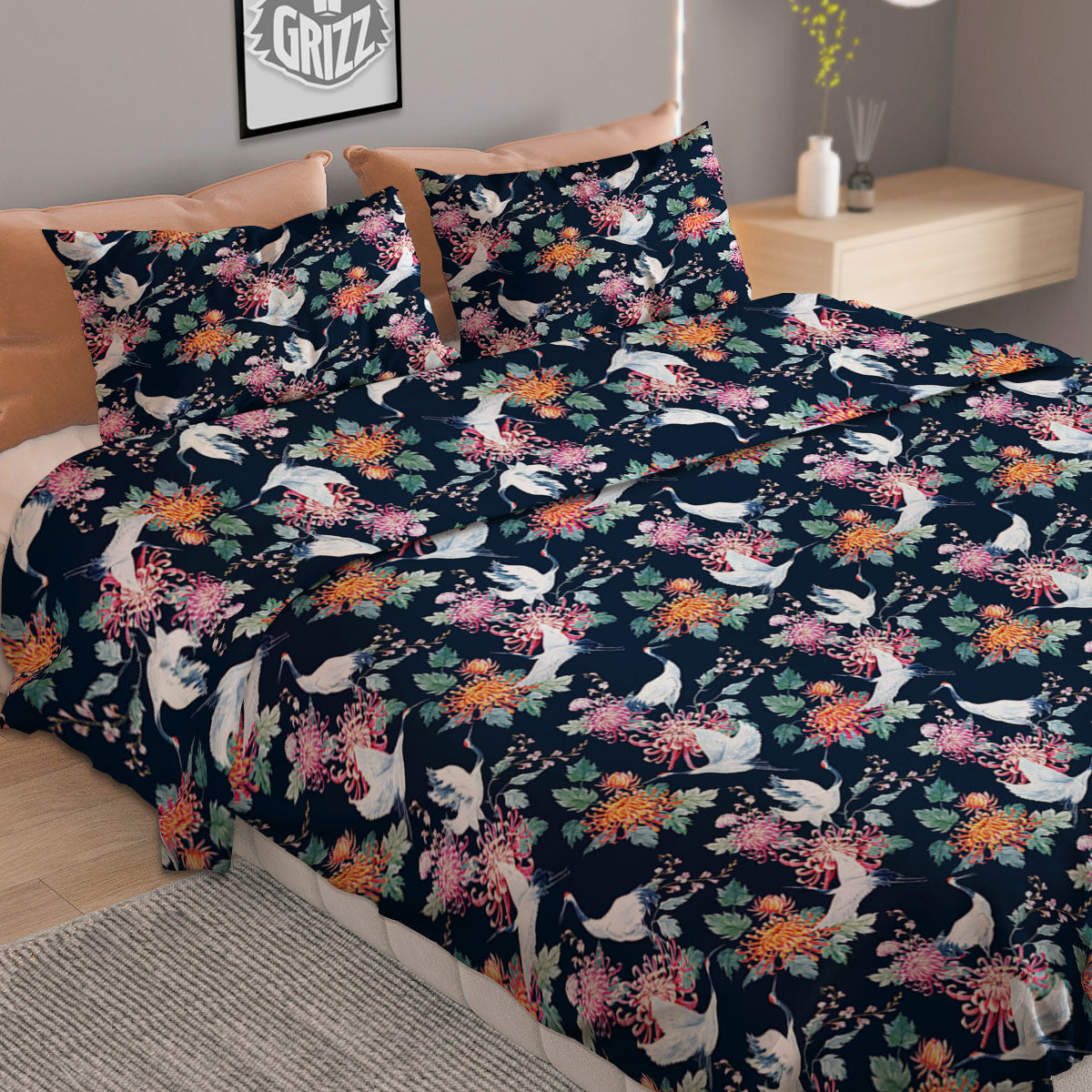 Chrysanthemums And Japanese Cranes Print Duvet Cover Bedding Set