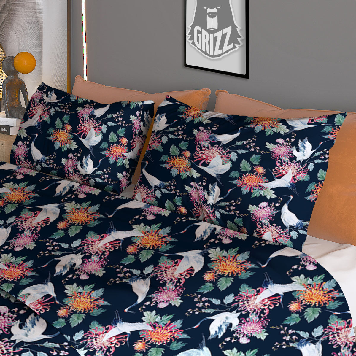 Chrysanthemums And Japanese Cranes Print Duvet Cover Bedding Set