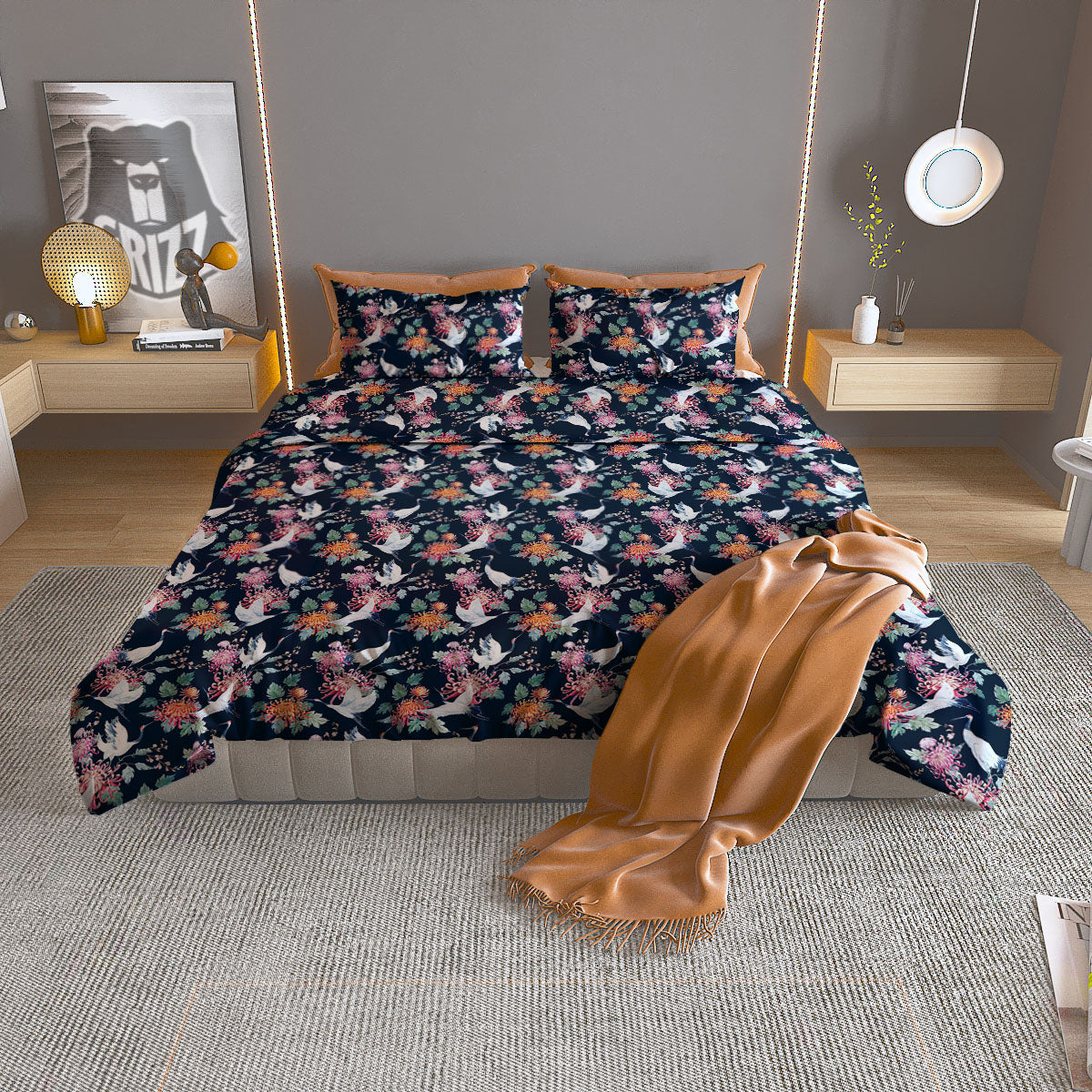 Chrysanthemums And Japanese Cranes Print Duvet Cover Bedding Set