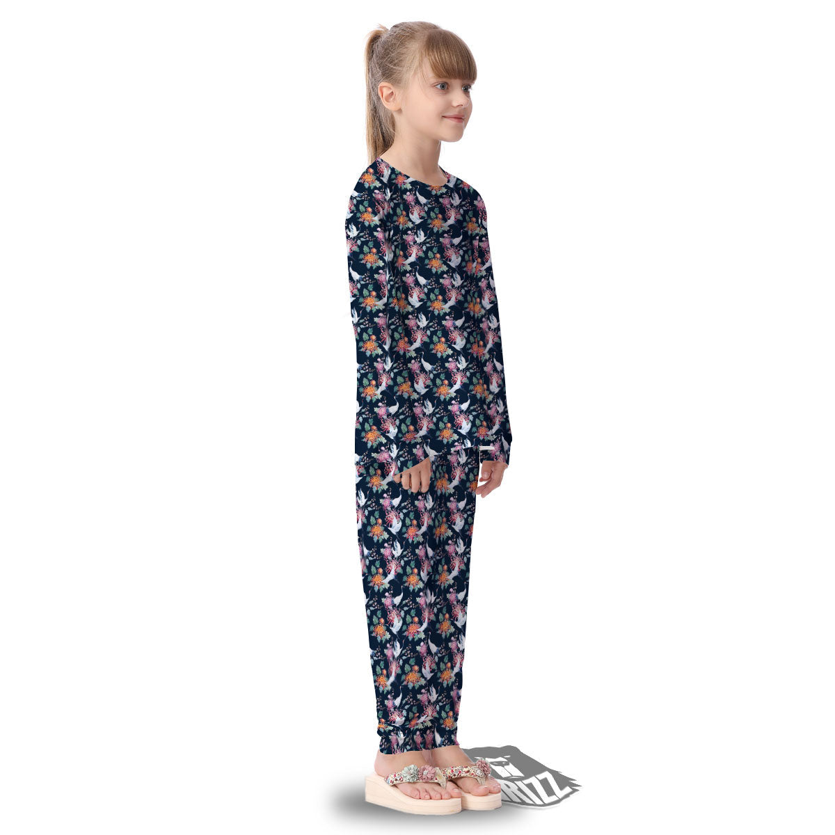 Chrysanthemums And Japanese Cranes Print Kid's Pajamas-grizzshop
