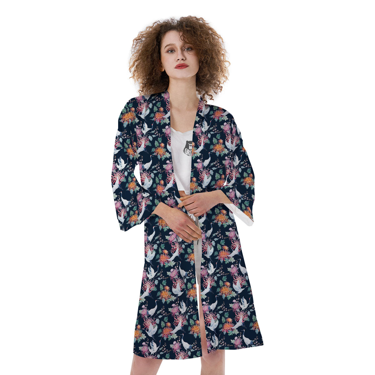 Chrysanthemums And Japanese Cranes Print Kimono-grizzshop