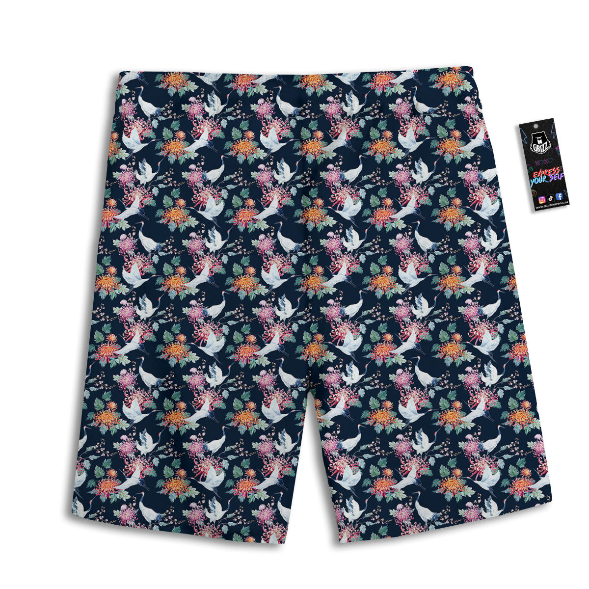 Chrysanthemums And Japanese Cranes Print Men's Athletic Shorts