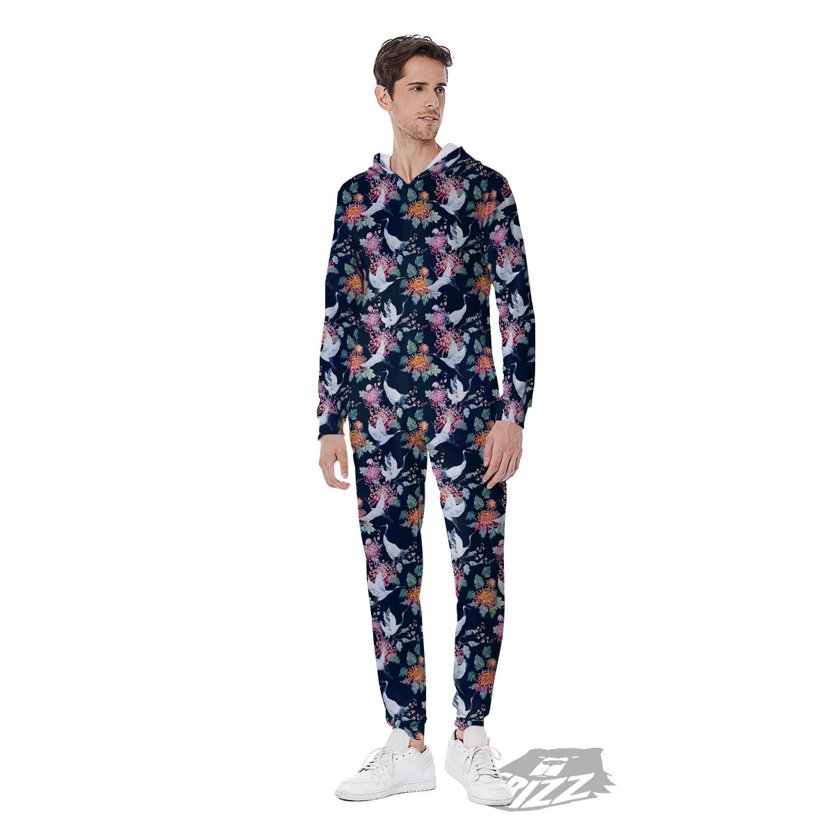 Chrysanthemums And Japanese Cranes Print Men's Jumpsuit-grizzshop