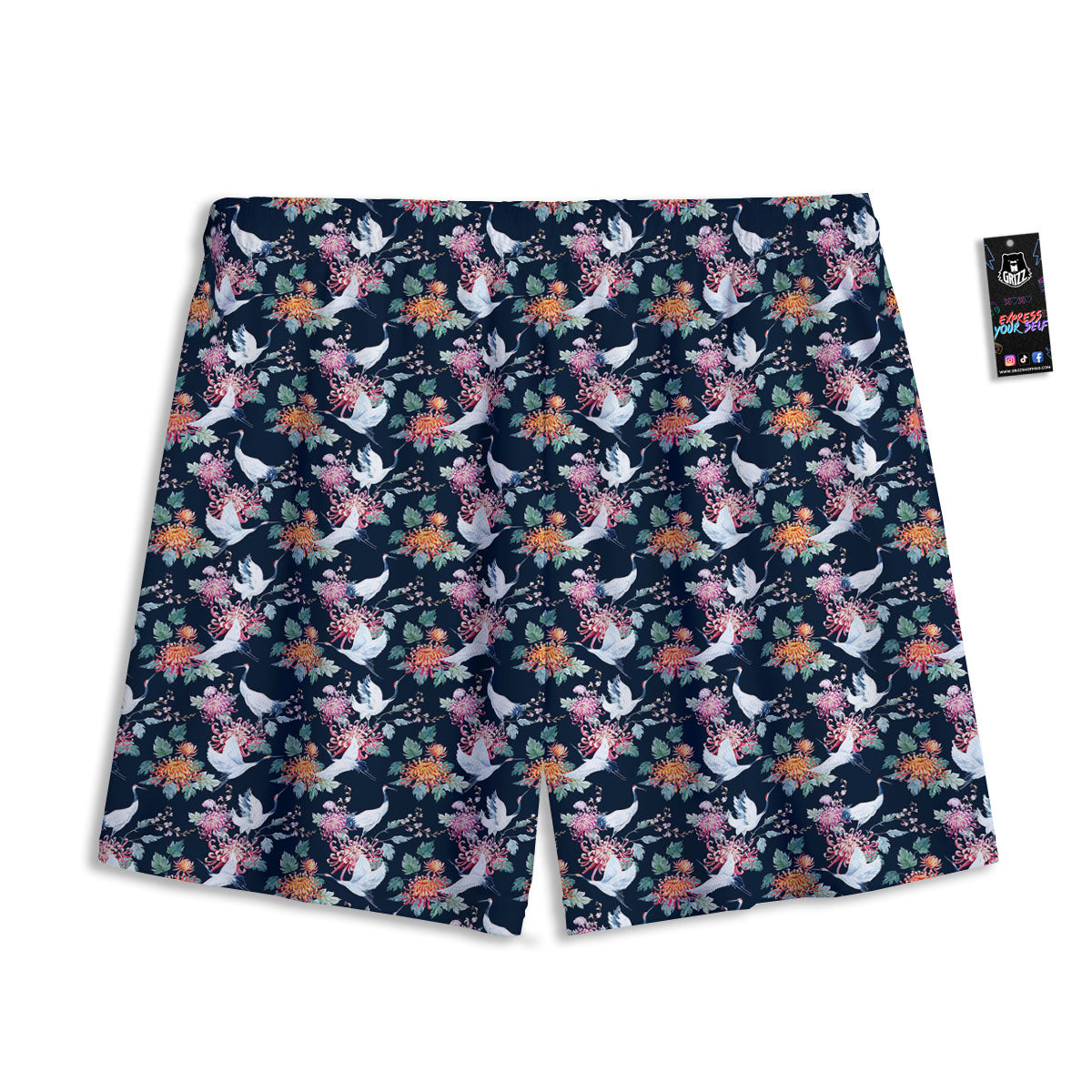 Chrysanthemums And Japanese Cranes Print Mesh Shorts
