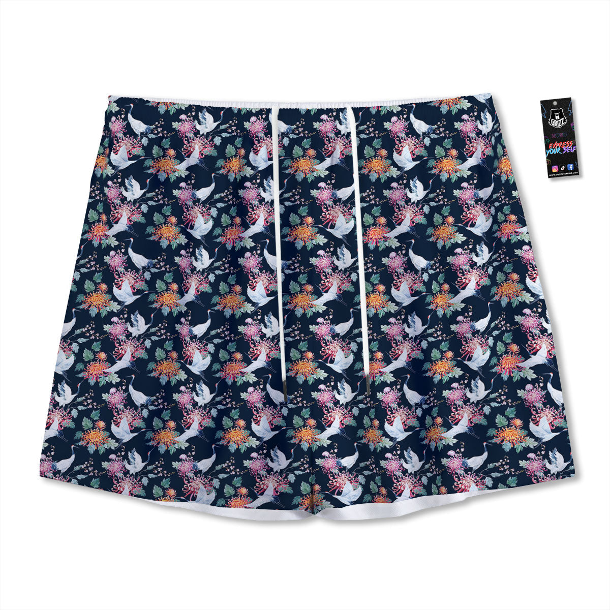 Chrysanthemums And Japanese Cranes Print Mesh Shorts