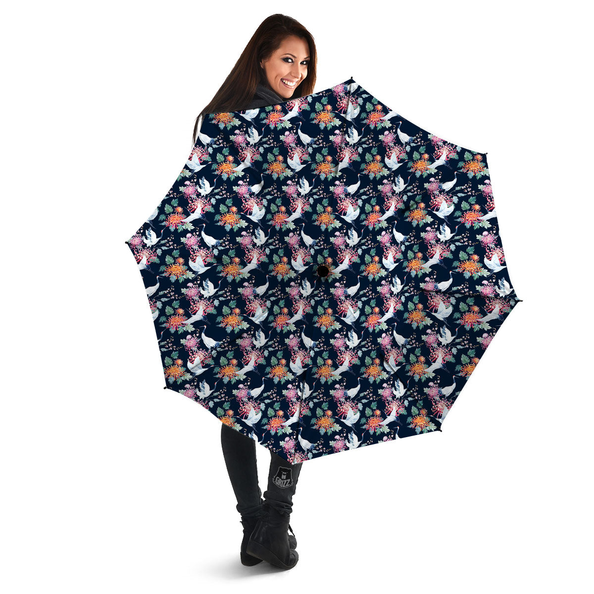 Chrysanthemums And Japanese Cranes Print Umbrella-grizzshop