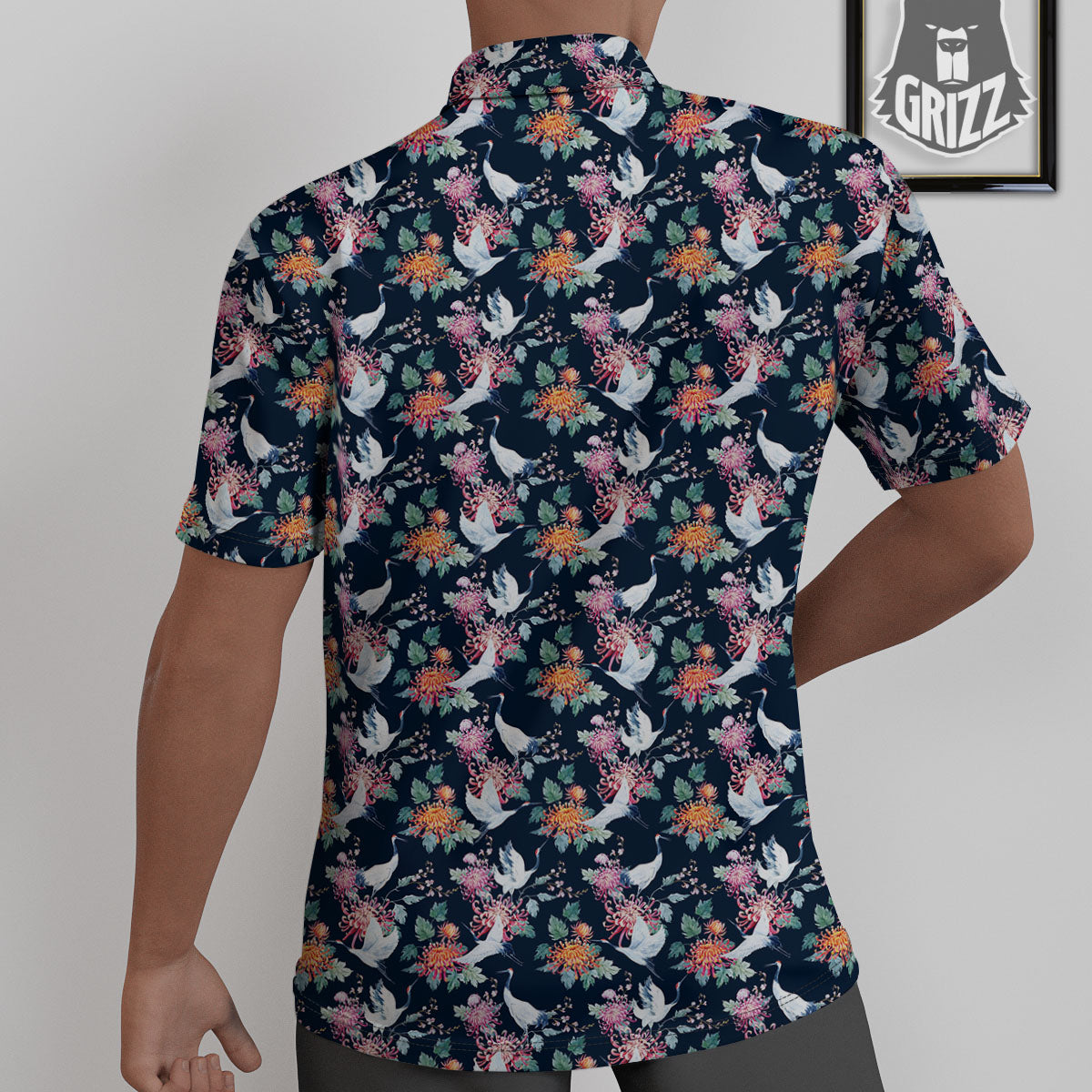 Chrysanthemums And Japanese Cranes Print Untucked Shirts-grizzshop