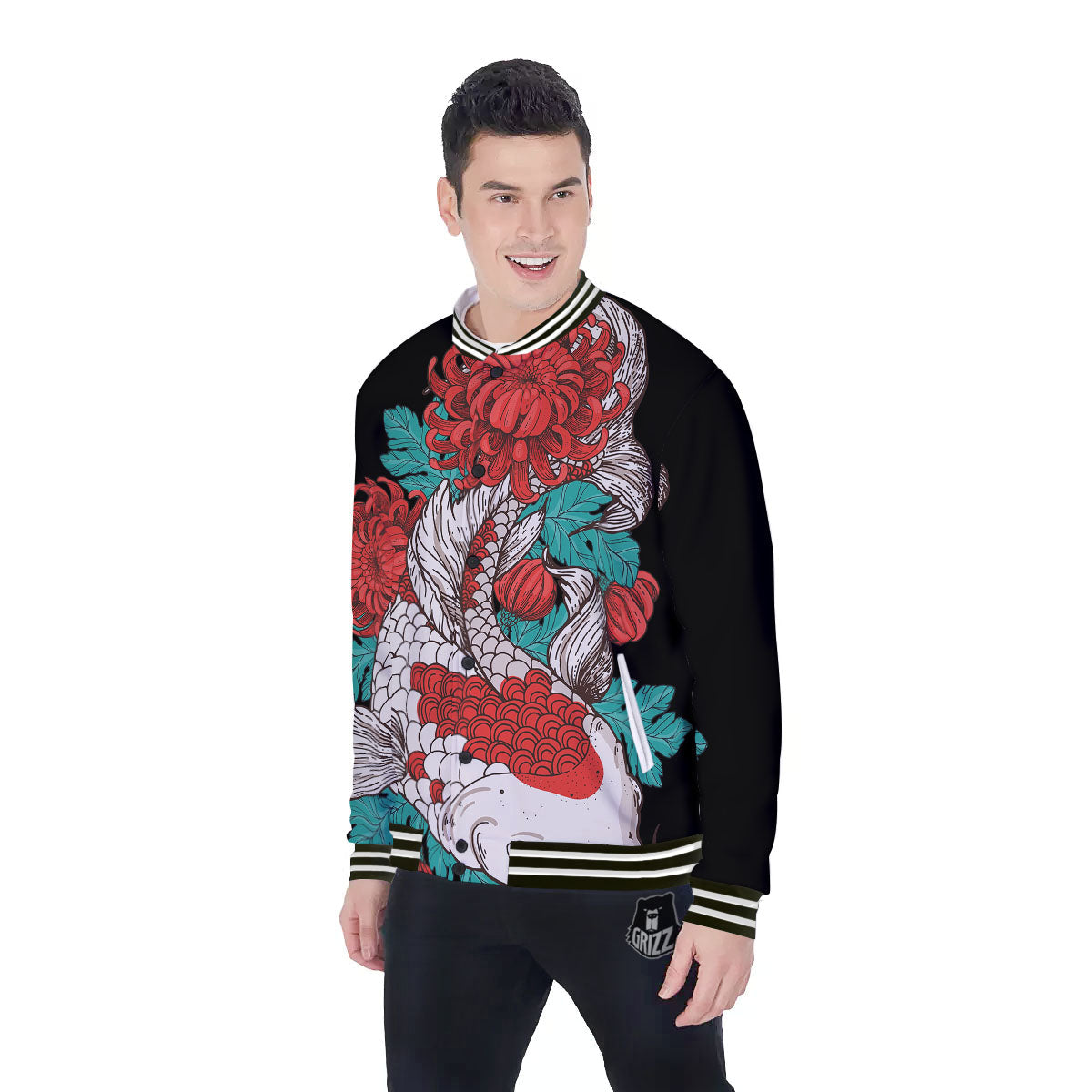 Chrysanthemums And Japanese Koi Print Baseball Jacket-grizzshop