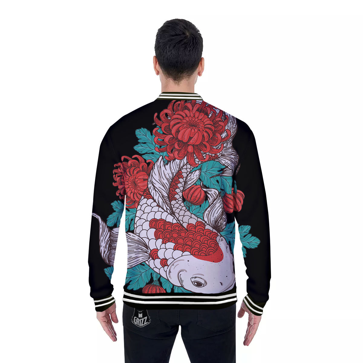 Chrysanthemums And Japanese Koi Print Baseball Jacket-grizzshop