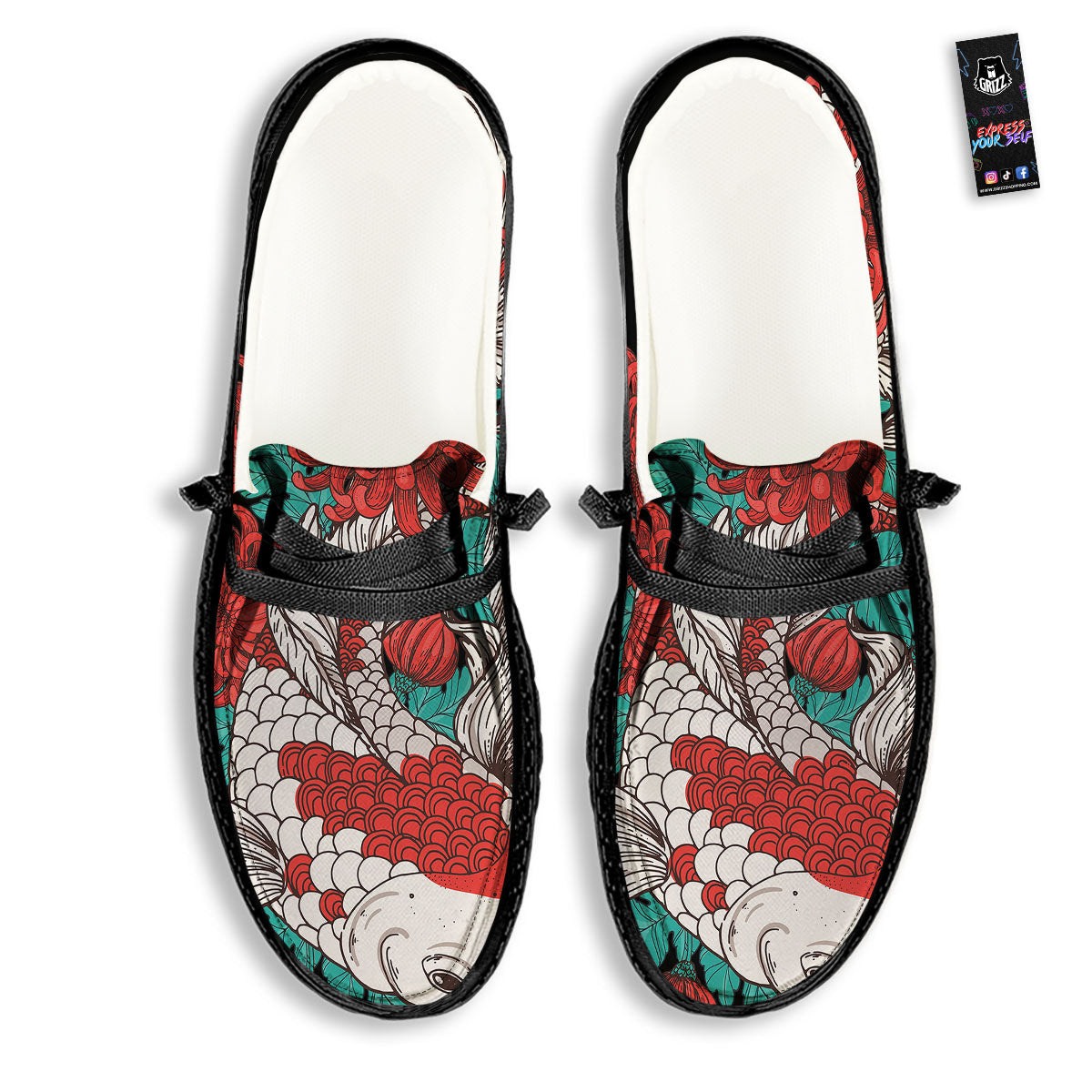 Chrysanthemums And Japanese Koi Print Black Loafers-grizzshop