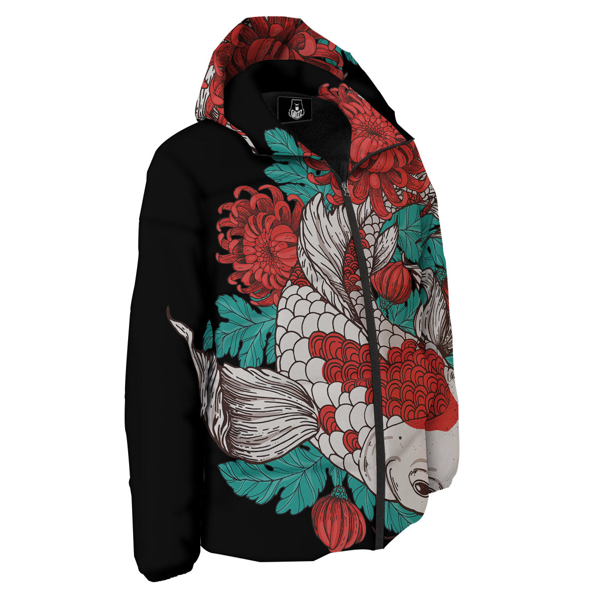 Chrysanthemums And Japanese Koi Print Down Jacket-grizzshop