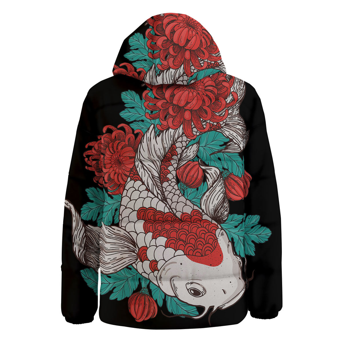 Chrysanthemums And Japanese Koi Print Down Jacket-grizzshop
