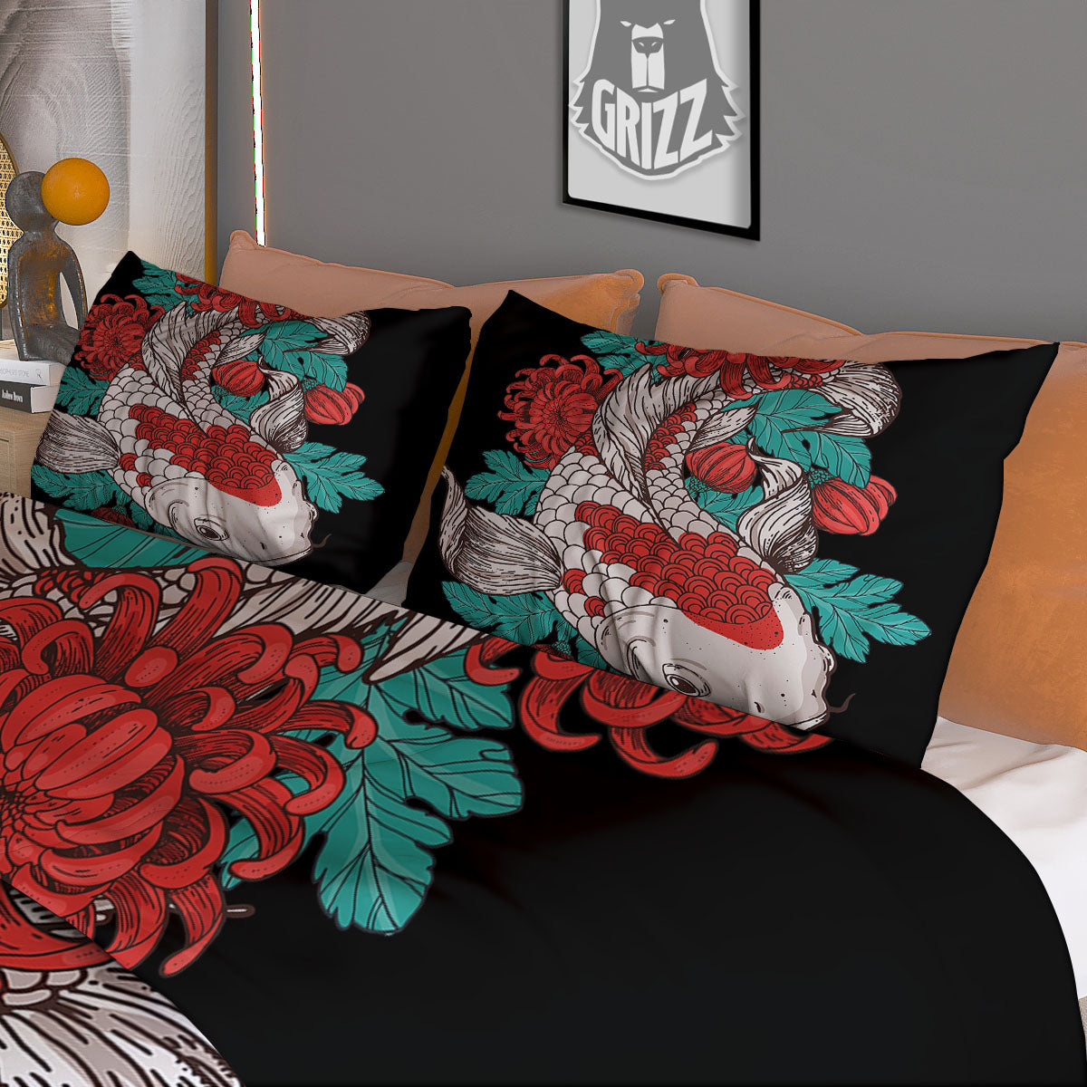 Chrysanthemums And Japanese Koi Print Duvet Cover Bedding Set