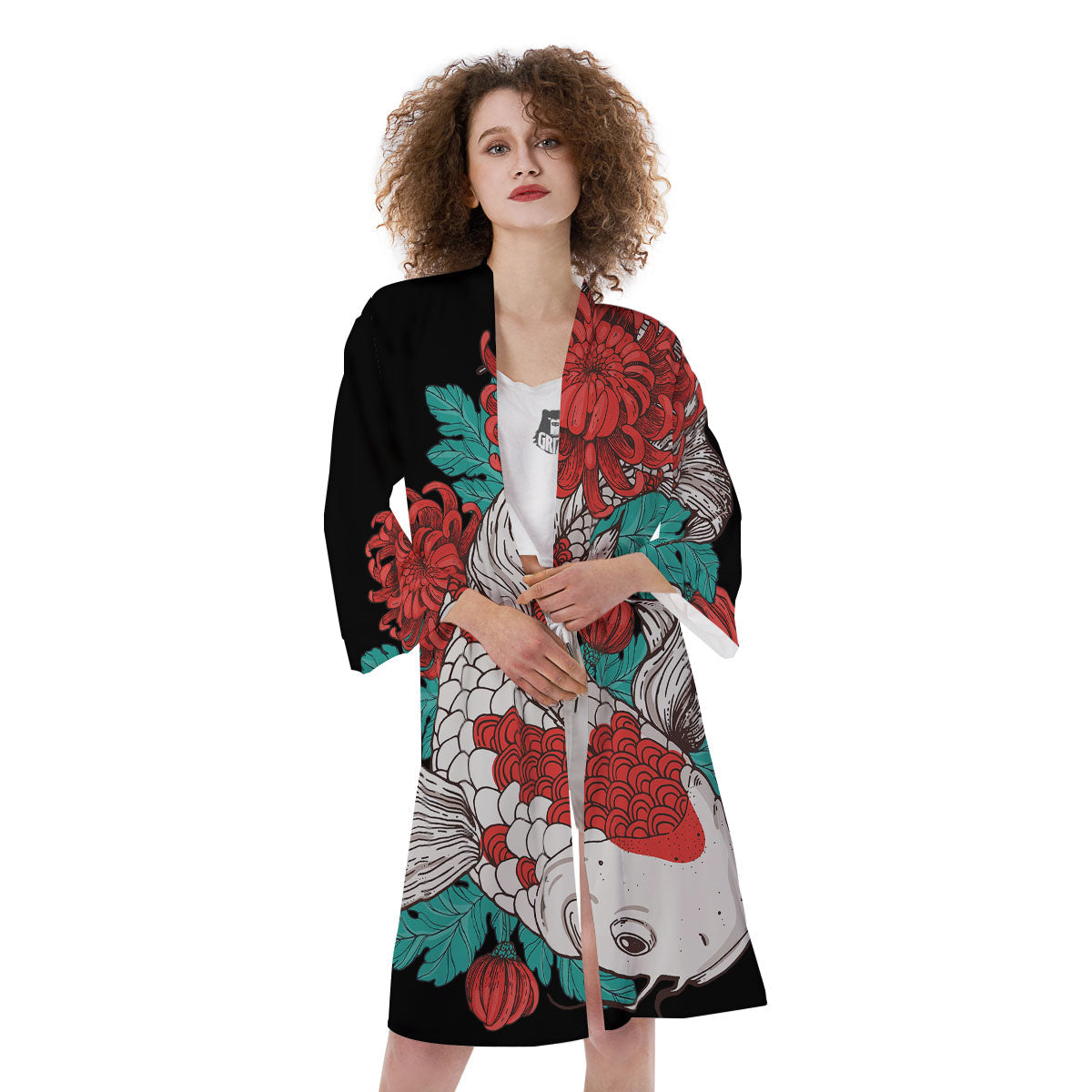 Chrysanthemums And Japanese Koi Print Kimono-grizzshop