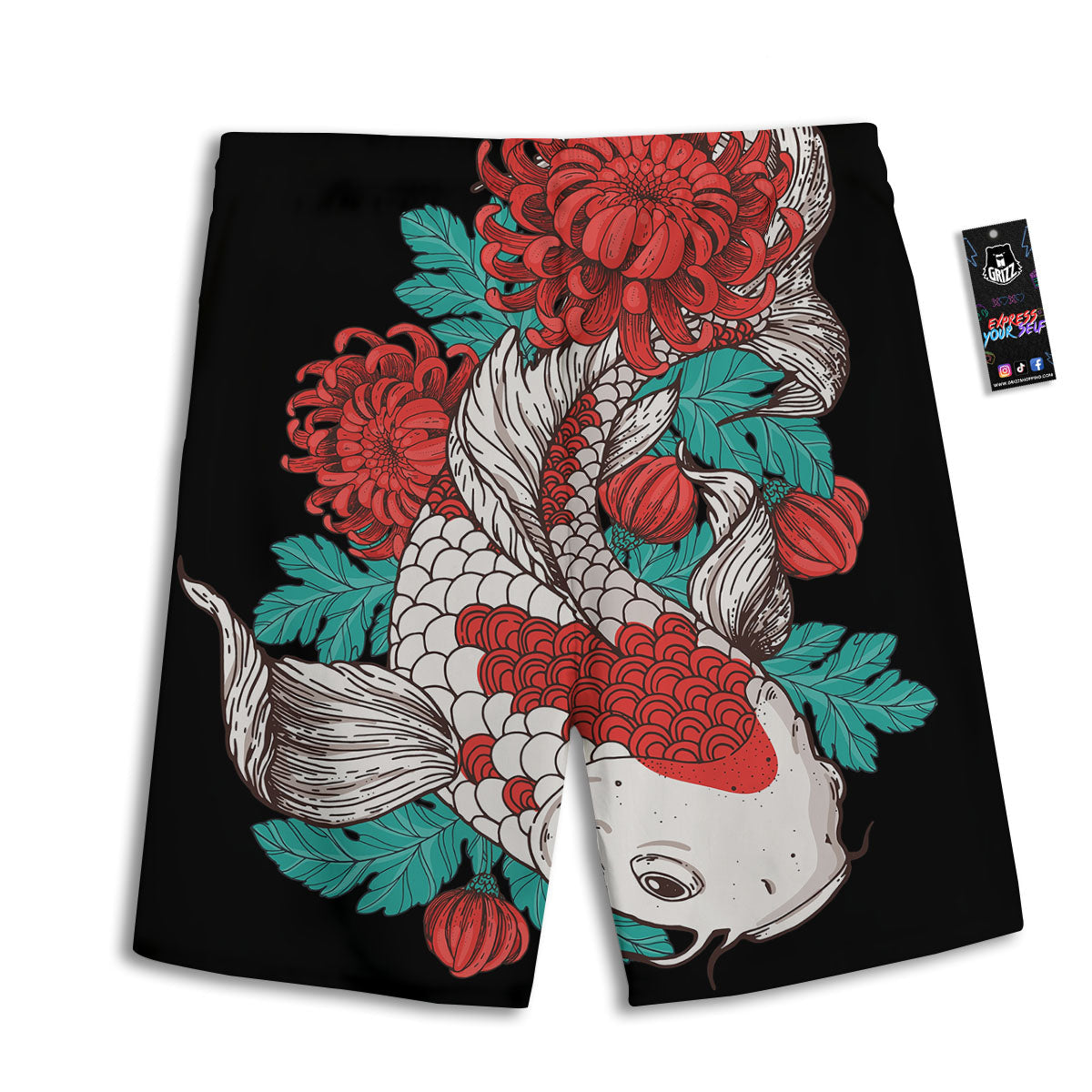 Chrysanthemums And Japanese Koi Print Men's Athletic Shorts