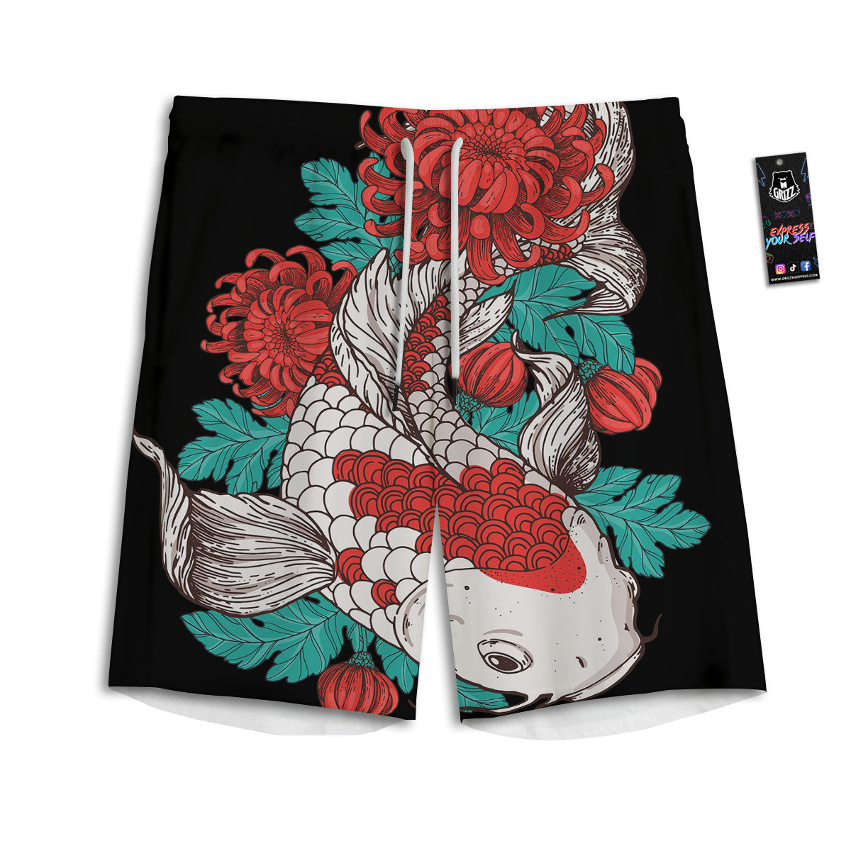 Chrysanthemums And Japanese Koi Print Men's Athletic Shorts